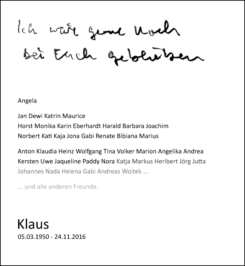  Traueranzeige für Klaus Ethner vom 30.11.2016 aus Trauerportal Echo Online