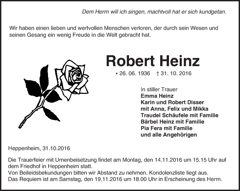  Traueranzeige für Robert Heinz vom 09.11.2016 aus Trauerportal Echo Online