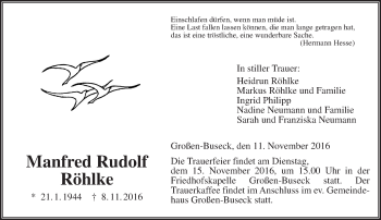 Traueranzeige von Manfred Rudolf Röhlke von  Gießener Anzeiger