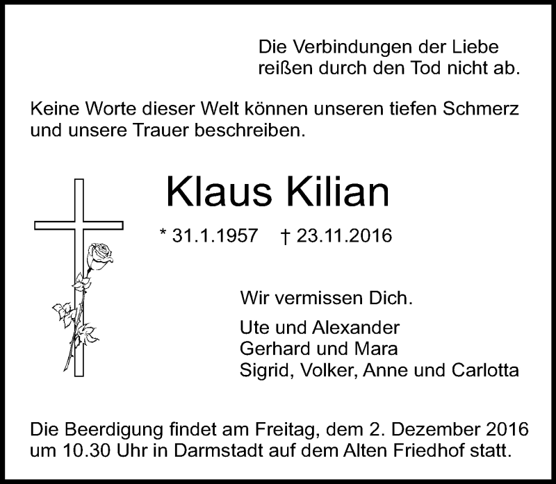  Traueranzeige für Klaus Kilian vom 26.11.2016 aus Trauerportal Echo Online