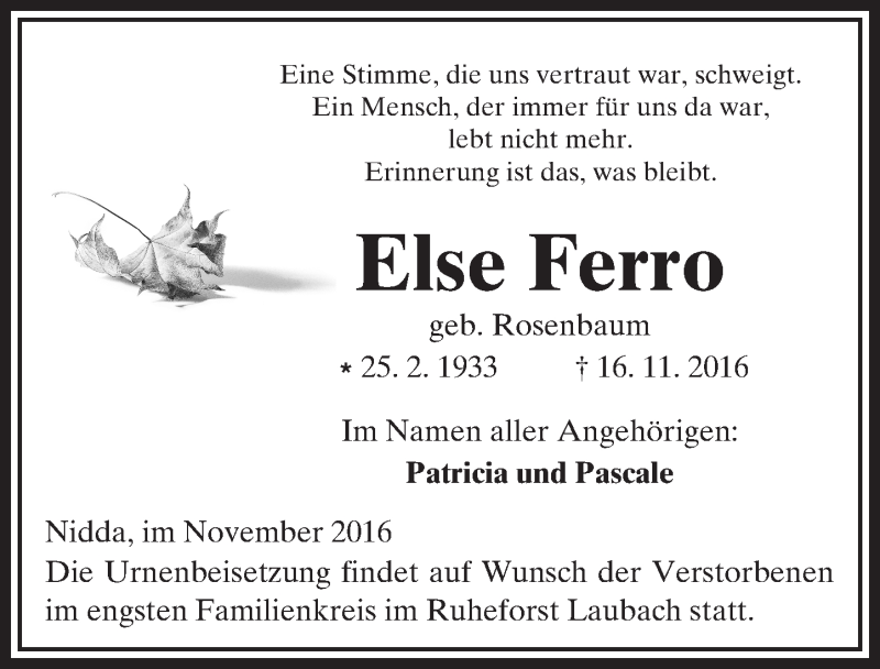  Traueranzeige für Else Ferro vom 26.11.2016 aus  Kreisanzeiger