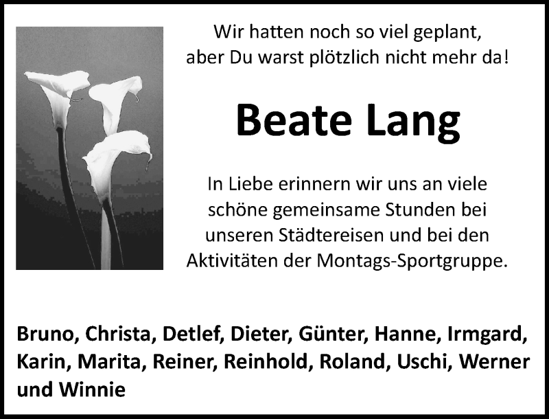  Traueranzeige für Beate Lang vom 19.11.2016 aus Trauerportal Rhein Main Presse