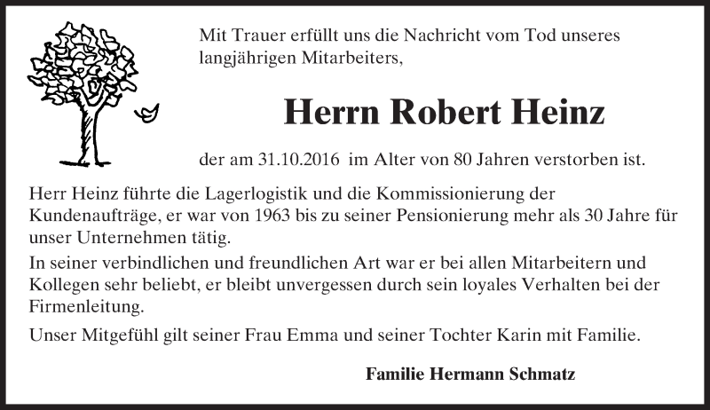  Traueranzeige für Robert Heinz vom 12.11.2016 aus Trauerportal Echo Online