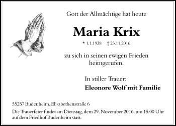 Traueranzeige von Maria Krix von Trauerportal Rhein Main Presse