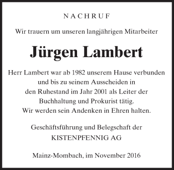 Traueranzeige von Jürgen Lambert von Trauerportal Rhein Main Presse