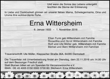 Traueranzeige von Erna Wittersheim von Trauerportal Echo Online