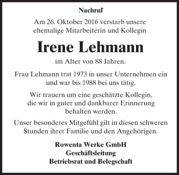 Traueranzeige von Irene Lehmann von Trauerportal Echo Online