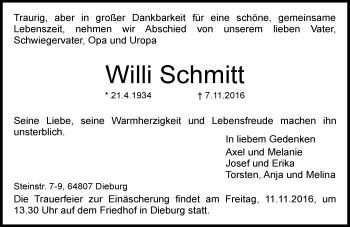 Traueranzeige von Willi Schmitt von Trauerportal Echo Online