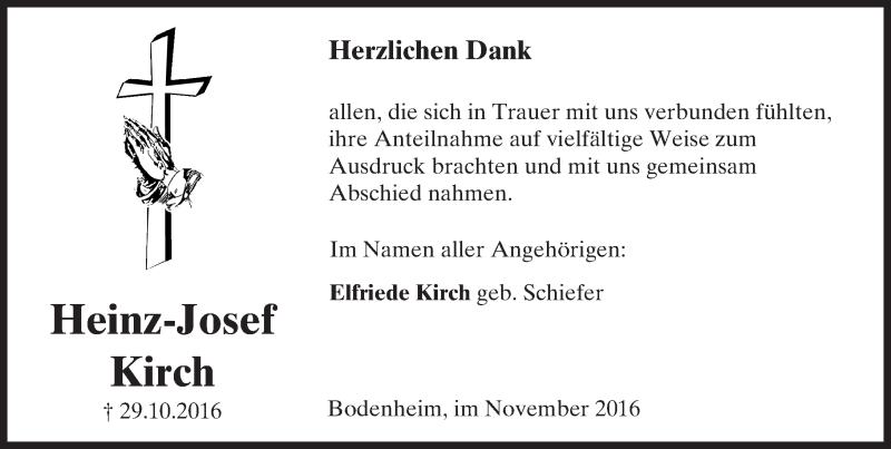  Traueranzeige für Heinz-Josef Kirch vom 26.11.2016 aus Trauerportal Rhein Main Presse