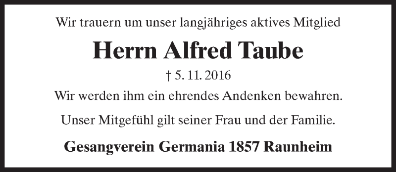  Traueranzeige für Alfred Taube vom 10.11.2016 aus Trauerportal Rhein Main Presse