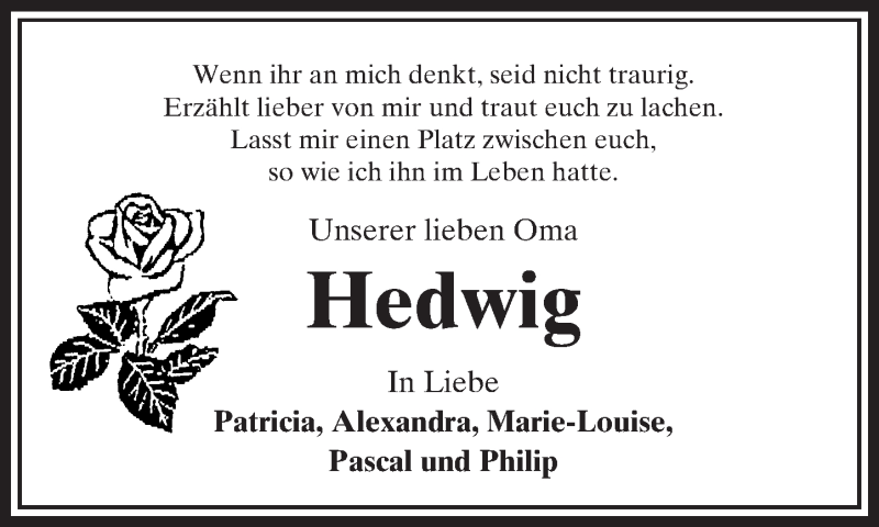  Traueranzeige für Hedwig  vom 16.11.2016 aus  Kreisanzeiger