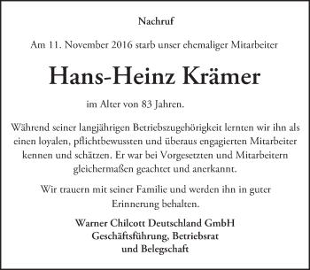 Traueranzeige von Hans-Heinz Krämer von Trauerportal Echo Online