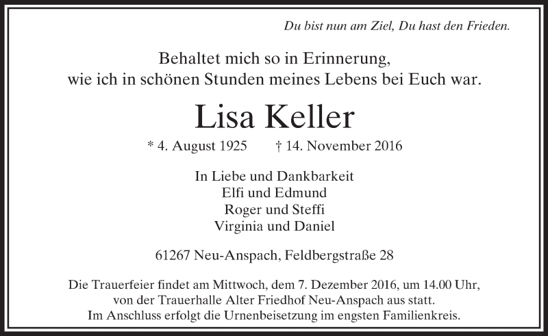  Traueranzeige für Lisa Keller vom 30.11.2016 aus  Usinger Anzeiger