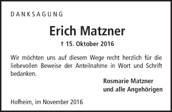 Traueranzeige von Erich Matzner von Trauerportal Rhein Main Presse