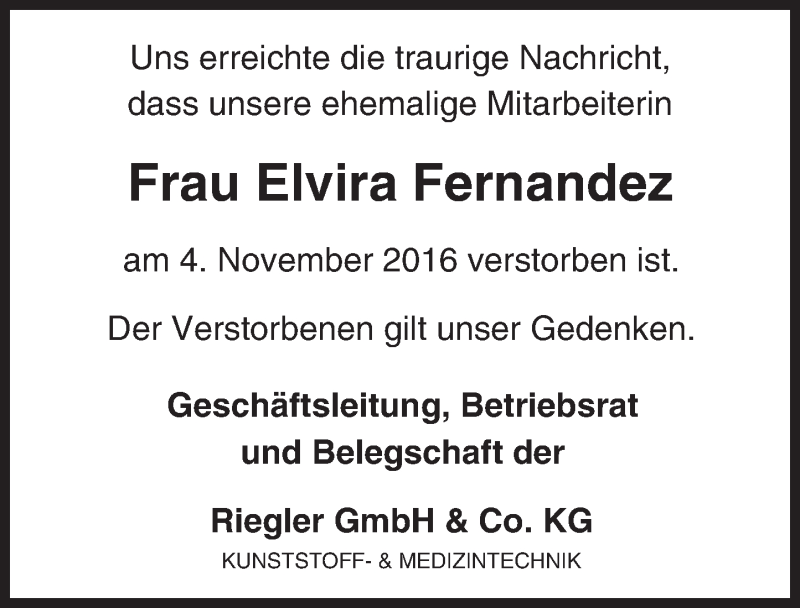  Traueranzeige für Elvira Fernandez vom 14.11.2016 aus Trauerportal Echo Online