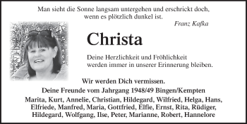 Traueranzeige von Christa  von Trauerportal Rhein Main Presse