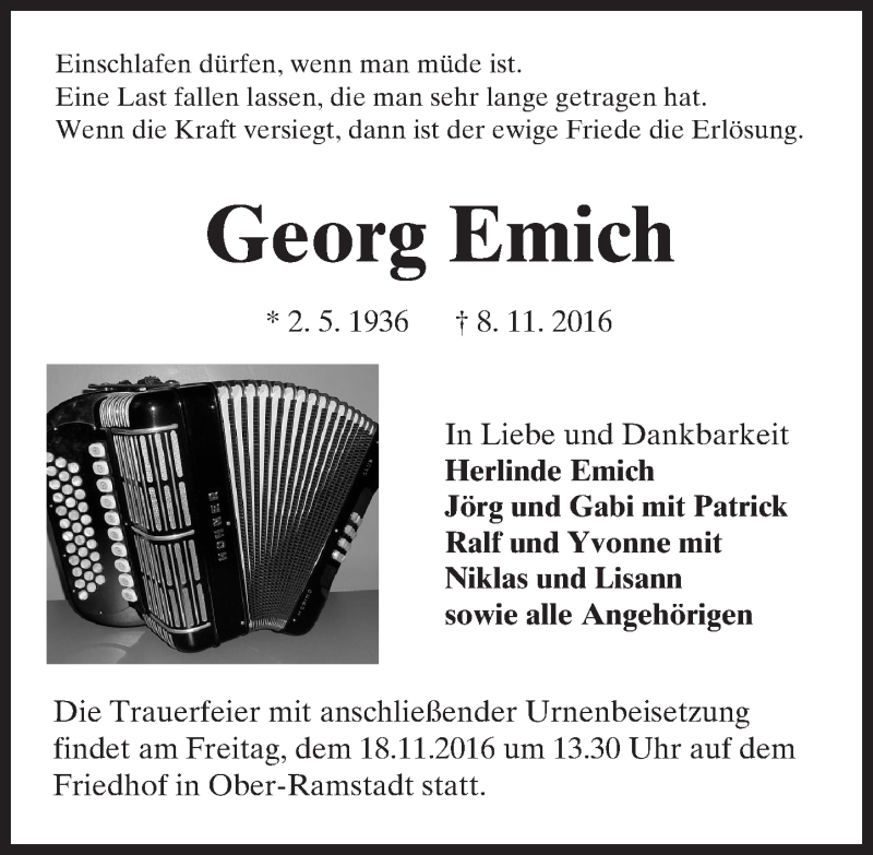  Traueranzeige für Georg Emich vom 15.11.2016 aus Trauerportal Echo Online