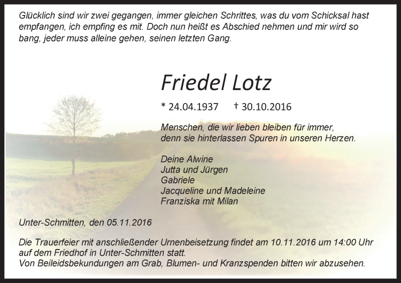  Traueranzeige für Friedel Lotz vom 05.11.2016 aus  Kreisanzeiger