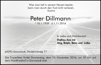 Traueranzeige von Peter Dillmann von Trauerportal Echo Online