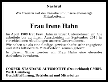 Traueranzeige von Irene Hahn von  Gießener Anzeiger