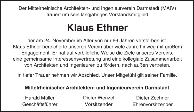  Traueranzeige für Klaus Ethner vom 30.11.2016 aus Trauerportal Echo Online