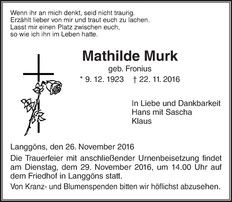  Traueranzeige für Mathilde Murk vom 26.11.2016 aus  Gießener Anzeiger