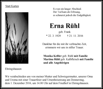 Traueranzeige von Erna Rühl von VRM Trauer