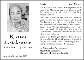 Traueranzeige von Klaus Leidemer von Trauerportal Rhein Main Presse