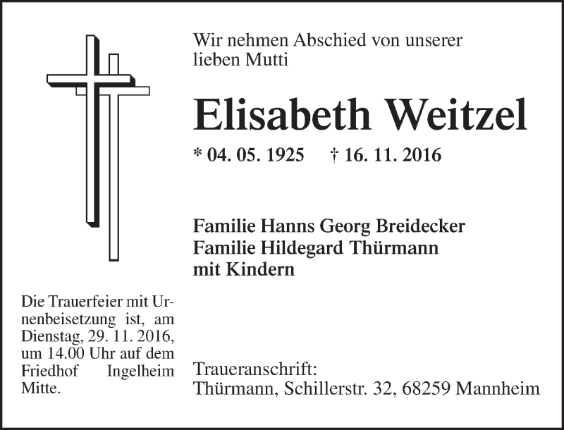  Traueranzeige für Elisabeth Weitzel vom 25.11.2016 aus Trauerportal Rhein Main Presse