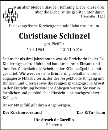 Traueranzeige von Christiane Schinzel von Trauerportal Echo Online