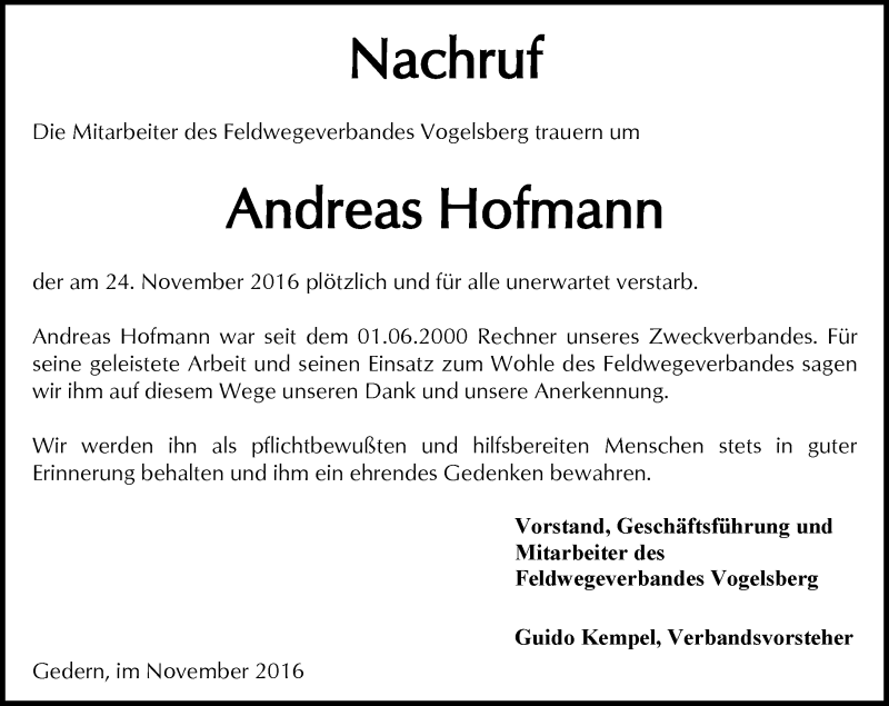  Traueranzeige für Andreas Hofmann vom 26.11.2016 aus  Kreisanzeiger