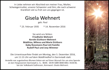 Traueranzeige von Gisela Wehnert von Trauerportal Echo Online