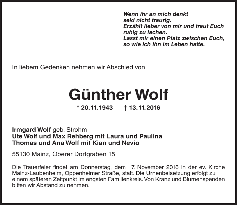  Traueranzeige für Günther Wolf vom 16.11.2016 aus Trauerportal Rhein Main Presse