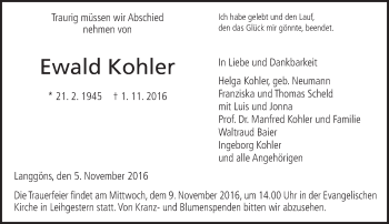 Traueranzeige von Ewald Kohler von  Gießener Anzeiger