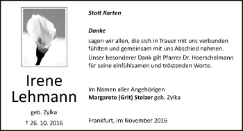 Traueranzeige von Irene Lehmann von Trauerportal Echo Online