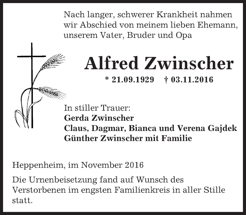  Traueranzeige für Alfred Zwinscher vom 17.11.2016 aus Trauerportal Echo Online