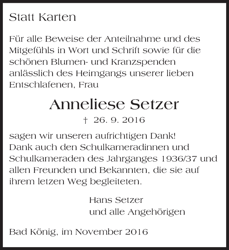  Traueranzeige für Anneliese Setzer vom 19.11.2016 aus Trauerportal Echo Online