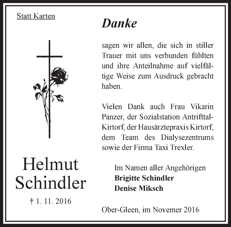  Traueranzeige für Helmut Schindler vom 26.11.2016 aus VRM Trauer
