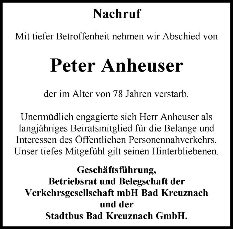  Traueranzeige für Peter Anheuser vom 08.11.2016 aus Trauerportal Rhein Main Presse