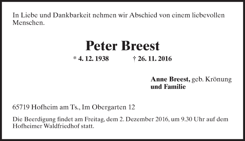  Traueranzeige für Peter Breest vom 29.11.2016 aus Trauerportal Rhein Main Presse
