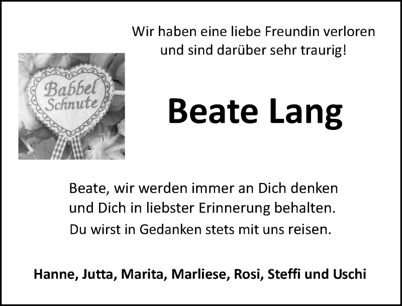  Traueranzeige für Beate Lang vom 19.11.2016 aus Trauerportal Rhein Main Presse