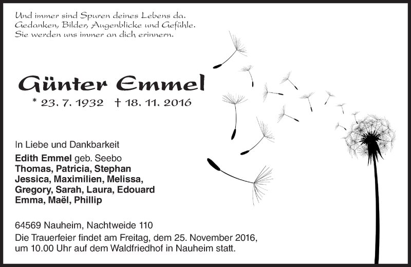  Traueranzeige für Günter Emmel vom 22.11.2016 aus Trauerportal Echo Online