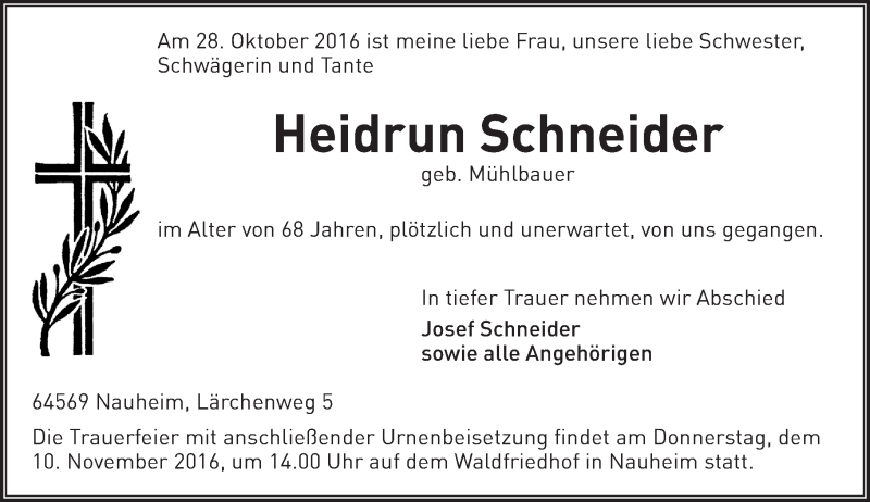  Traueranzeige für Heidrun Schneider vom 05.11.2016 aus Trauerportal Rhein Main Presse