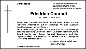 Traueranzeige von Friedrich Conradi von Trauerportal Rhein Main Presse