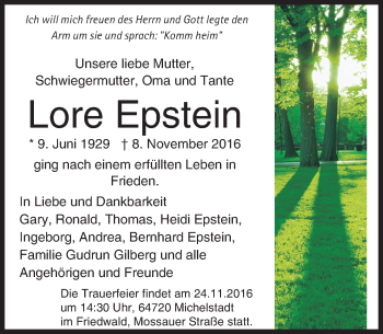 Traueranzeige von Lore Epstein von Trauerportal Rhein Main Presse