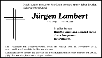 Traueranzeige von Jürgen Lambert von Trauerportal Rhein Main Presse