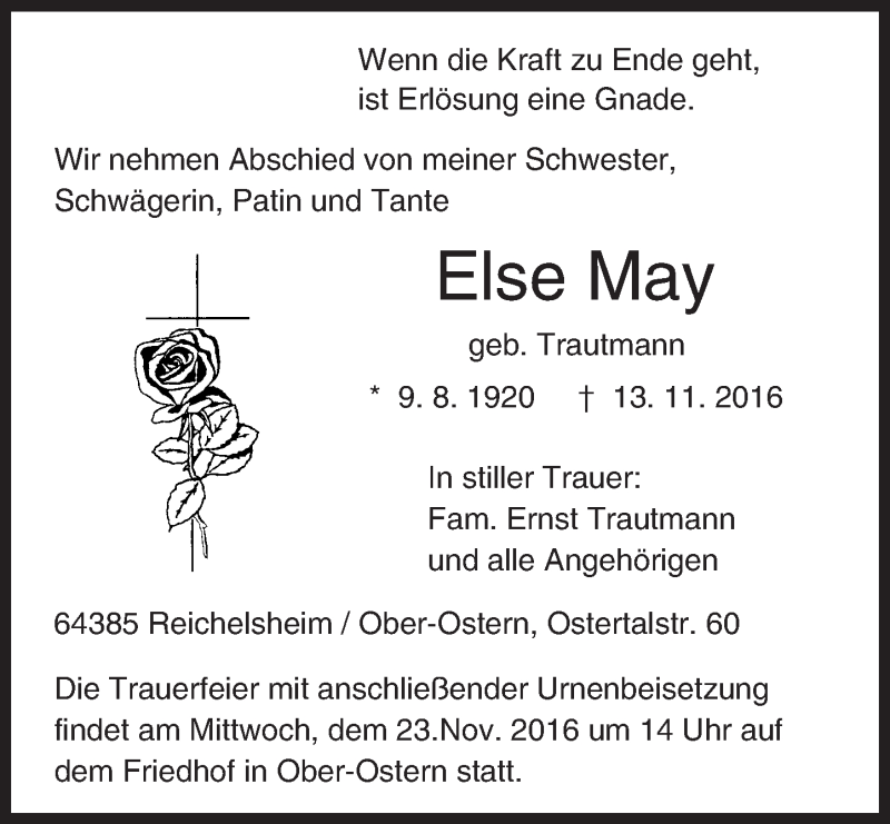  Traueranzeige für Else May vom 19.11.2016 aus Trauerportal Echo Online