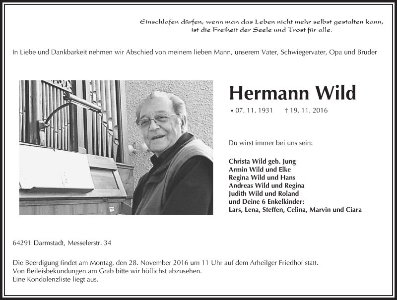  Traueranzeige für Hermann Wild vom 26.11.2016 aus Trauerportal Echo Online