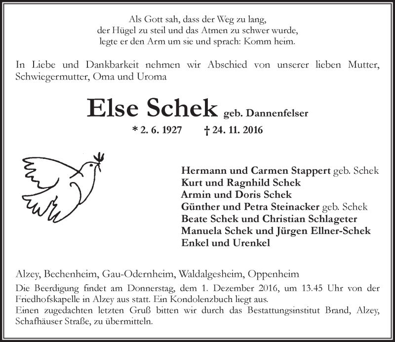  Traueranzeige für Else Schek vom 26.11.2016 aus Trauerportal Rhein Main Presse