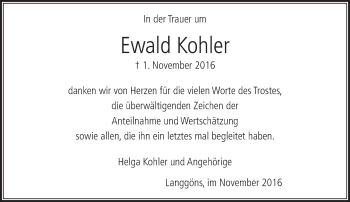 Traueranzeige von Ewald Kohler von  Gießener Anzeiger